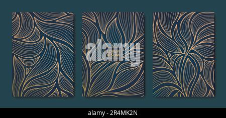 Vector japanese leaves art deco patterns. Floral golden elements template in vintage style. Luxury line covers, labels, frames, invitations, brochures Stock Vector