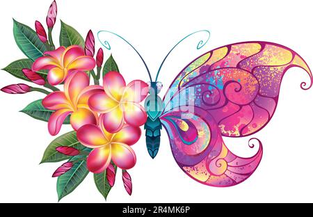 Floral butterfly with wings painted with droplets of pink, yellow and blue paint, decorated with pink, blooming, detailed plumeria. Fairy Butterfly. Stock Vector