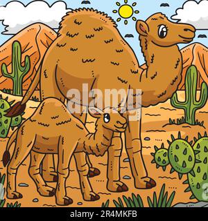 Mother Dromedary and Baby Dromedary Colored  Stock Vector