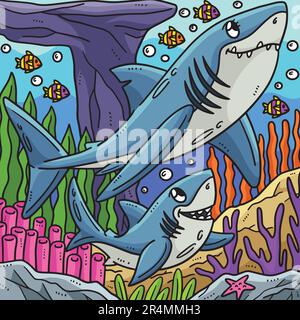 Mother and Baby Great White Shark Colored Cartoon Stock Vector