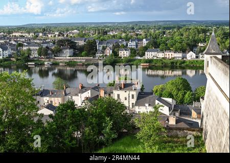 View from the castle of Saumur of the Loire river and the old town of Saumur. France's capital of Crémant wines Stock Photo