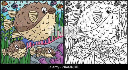 Mother Pufferfish and Baby Pufferfish Illustration Stock Vector