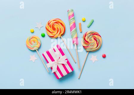 Collection of birthday party objects with gift box. Valentines day gift box. Top view flat lay with copy space. Stock Photo