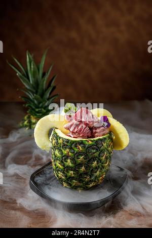 Raw Beef spare ribs with Pineapple for the Yakiniku, Sukiyaki, barbecue and Shabu.for Japanese bbq or Korea bbq。 Stock Photo