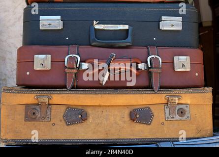 Stack of vintage leather suitcases Stock Photo
