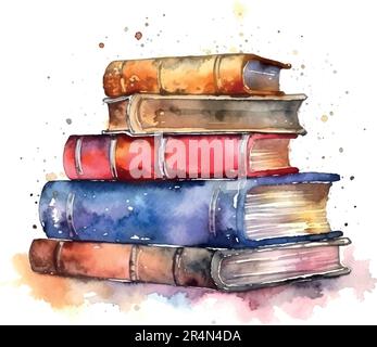 books watercolor for print design. Education, knowledge concept. Hand drawn vector illustration. Vintage vector texture. Old paper. Stock Vector