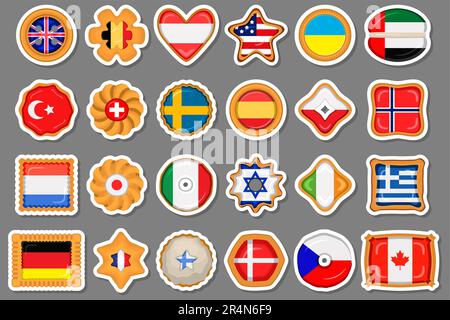 Set homemade cookie with flag country world in tasty biscuit, cookie consist of sign flag country world on natural biscuit, fresh biscuit cookie with Stock Vector