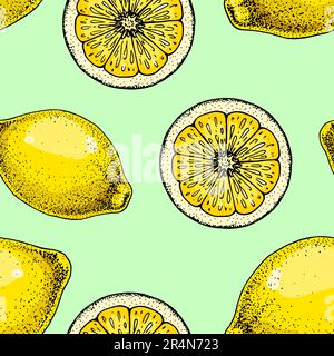 Lemon slice seamless pattern. Colorful hand drawn vector illustration in sketch style. Tropical exotic citrus fruit summer background Stock Vector