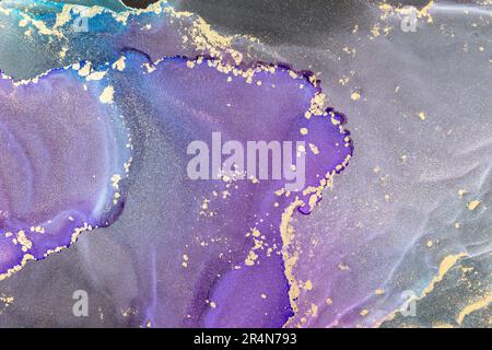 Abstract alcohol ink fluid art background on black. Blue, violet, white and gold Stock Photo