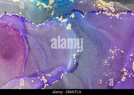 Abstract alcohol ink fluid art background on black. Red, violet, white and gold Stock Photo