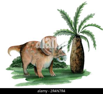 Triceratops dinosaur on prehistoric landscape watercolor illustration with palm tree, grass and bushes Stock Photo