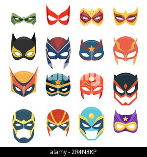 Vector Super Hero Masks Set in Flat Style. Face Character, Superhero Comic Book Mask Collection. Superhero Photo Props, Women and Men Masks, Carnival Stock Vector
