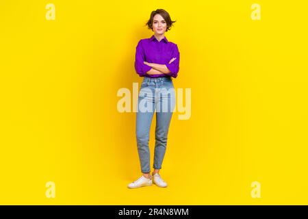 Full size cadre of confident businesswoman wear uniform representative director high income company isolated on yellow color background Stock Photo