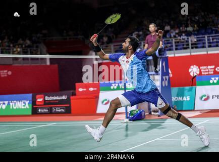 Kuala Lumpur, Malaysia. 28th May, 2023. Prannoy H. S. of India plays against Weng Hong Yang of China during the Men's Singles final match of the Perodua Malaysia Masters 2023 at Axiata Arena. Prannoy H. S. won with scores; of 21/13/21: and 19/21/18. Credit: SOPA Images Limited/Alamy Live News Stock Photo