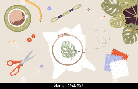 Embroidery process. Workshop, needlework and knitting. Needle and thread. Top view of the workplace. Tailor shop elements. Hand drawn vector Stock Vector