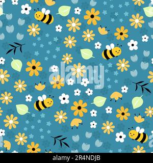 Seamless pattern with cartoon bees, leaves, flowers. Colorful vector flat style for kids. Baby design for fabric, print, wrapper, textile Stock Vector