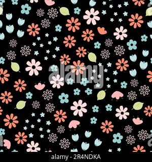 Seamless pattern with flowers and leaves on black background. Colorful vector flat style. Baby design for fabric, print, wrapper, textile Stock Vector