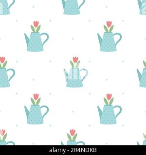 Watering can with tulips seamless pattern. Garden background. Vector illustration. Stock Vector