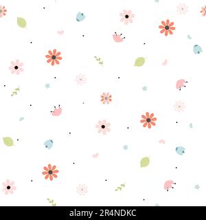 Vector floral pattern with flowers and leaves on a white background. Delicate, spring floral background. Stock Vector