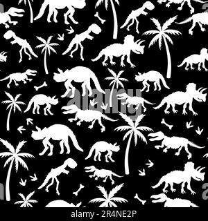 Dinosaur skeleton and palm trees Seamless pattern. Print for T-shirts, textiles, web. Stock Vector