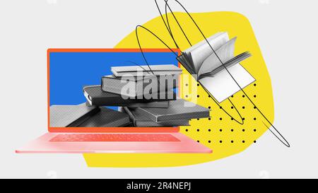Laptop with many books inside symbolizing internet free access to worldwide library. Fast and comfortable search of information. Contemporary art Stock Photo