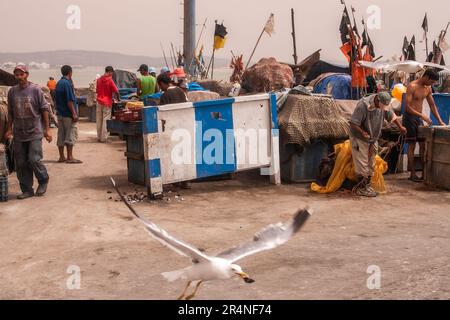 At work on the quayside of the port.. A Essaouira, known until the 1960s as Mogador, is a port city in the western Moroccan region of Marrakesh-Safi Stock Photo