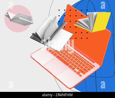 Laptop with many books inside symbolizing comfortable free access to worldwide library. Fast search of information. Contemporary art collage. Stock Photo
