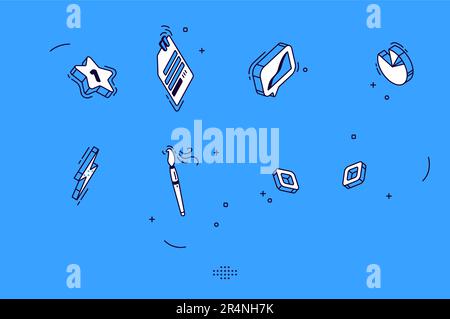 Isometric mobile icons for business, marketing, social media. Vector flat signs of chart, data page, brush and star. Symbols collection for website, application graphic interface on blue background Stock Vector
