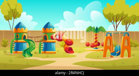 Kids playground in summer park, garden or backyard with carousel, spiral tube slide and swing. Vector cartoon illustration of kindergarten play ground, castle with slides on green lawn Stock Vector