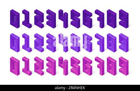 Isometric numbers made of 3d cubes. Purple, violet and pink digits stand in row isolated on white background. Geometric font vector elements, block signs, set of mathematics symbols from zero to nine Stock Vector
