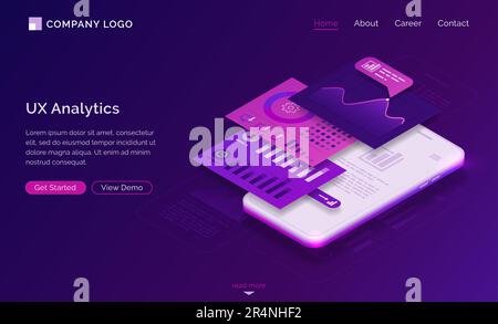 Ui ux analytics isometric landing page, mobile phone dashboard graphs and data analysis layout charts. Mobile app user experience interface development, gadget software design, 3d vector web banner Stock Vector