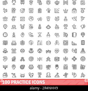 100 practice icons set. Outline illustration of 100 practice icons vector set isolated on white background Stock Vector