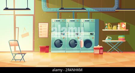 Laundry room interior with row of washer and dryer, iron, ironing board and basket with clothes. Vector cartoon illustration of dry cleaning service with washing machines and detergents on shelves Stock Vector