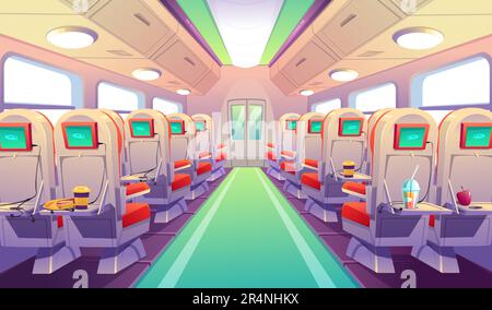 Empty bus, train or airplane interior with chairs and folding back seat tables. Vector cartoon cabin of passenger carriage transport, seats with digital display, food and drink on foldable tray desk Stock Vector