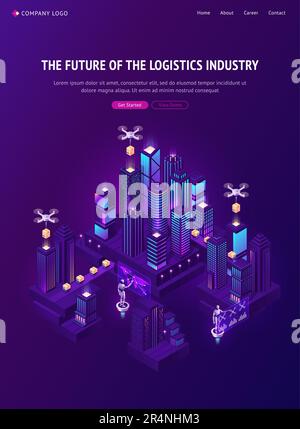 Future of logistics industry banner. Autonomous shipping technology. Vector isometric illustration of smart city with drone delivery cardboard boxes, remote robot control Stock Vector