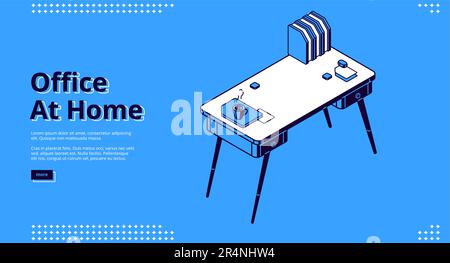 Office at home isometric landing page. Workplace with desk, files organizer and coffee cup, working place table for businessman, analyst or freelancer, 3d vector illustration, line art web banner Stock Vector