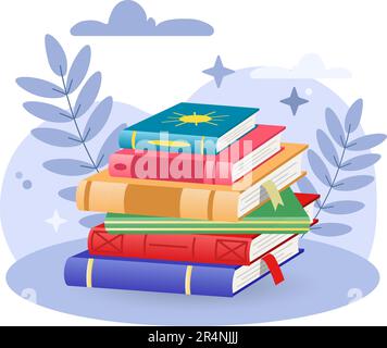 Books illustration. Book, stack, bookmark, variety. Editable vector graphic design. Stock Vector