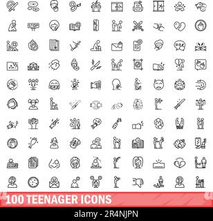 100 teenager icons set. Outline illustration of 100 teenager icons vector set isolated on white background Stock Vector