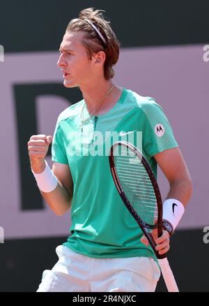 Paris, France. 28th May, 2023. Sebastian Korda of the US celebrates his win against compatriot MacKenzie MacDonald during the French Tennis Open's first tour of matches, at Roland Garros in Paris, France, on Sunday, May 28, 2023. Korda won 6-4, 7-5, 6-4. Photo by Maya Vidon-White/UPI Credit: UPI/Alamy Live News Stock Photo