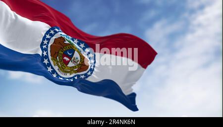 Missouri state flag waving on a clear day. Red, white, blue horizontal stripes with Great Seal of Missouri in center. 3d illustration render. Textured Stock Photo