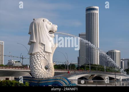 Singapore - 22 October 2022: Merlion Statue at Merlion Park, it is a mythical creature with a lion's head and the body of a fish. It is used as a masc Stock Photo