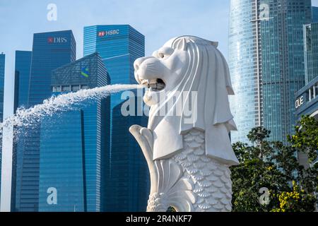 Singapore - 22 October 2022: Merlion Statue at Merlion Park, it is a mythical creature with a lion's head and the body of a fish. It is used as a masc Stock Photo