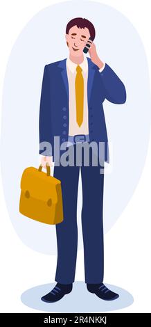 Man With Briefcase Talking Phone illustration. Man, suit, tie, smartphone. Editable vector graphic design. Stock Vector