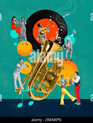 Group of talented, artistic people playing on diverse music instruments, singing. Authentic party. Contemporary art collage. Stock Photo