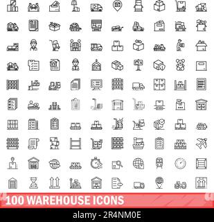100 warehouse icons set. Outline illustration of 100 warehouse icons vector set isolated on white background Stock Vector