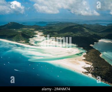 Whitehaven Beach and Hill inlet. Aerial Drone Shot. Whitsundays Queensland Australia, Airlie Beach. Stock Photo