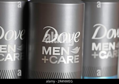 Viersen, Germany - May 9. 2023: Closeup of dove men care deodorant spray bottle Stock Photo