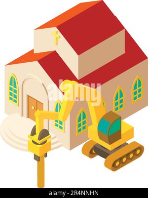 Ground work icon isometric vector. Large jackhammer near church building icon. Drilling work, construction site Stock Vector