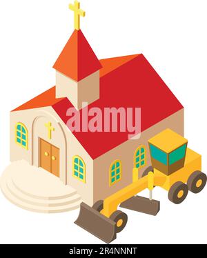 Earth work icon isometric vector. New motor grader near catholic church building. Construction work, building site Stock Vector