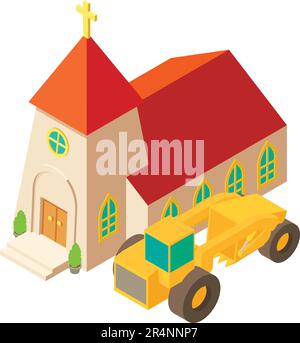 Grader work icon isometric vector. Construction grader near church building icon. Construction work, building site Stock Vector